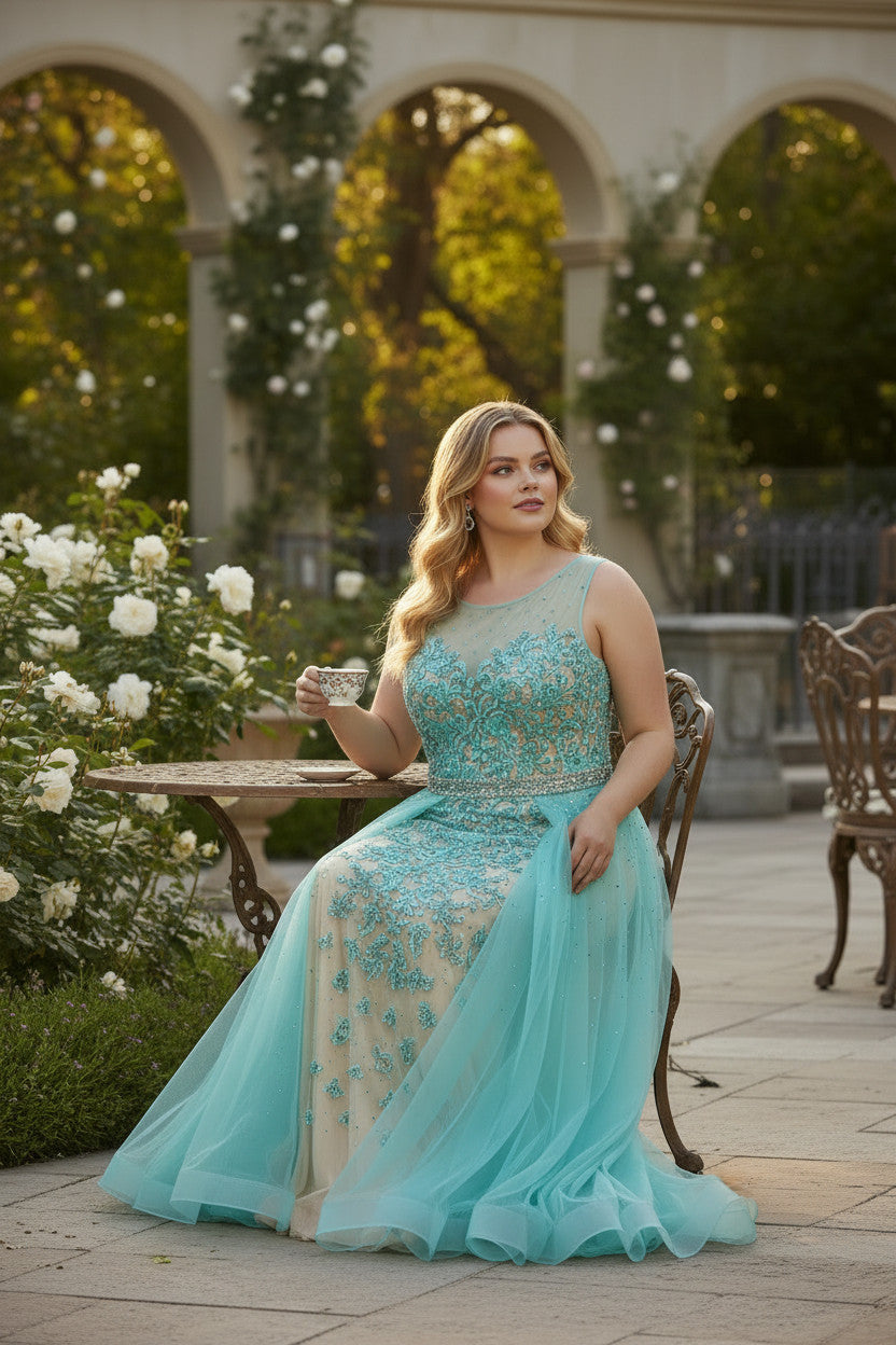 Plus size Beaded Gown with Side Trail