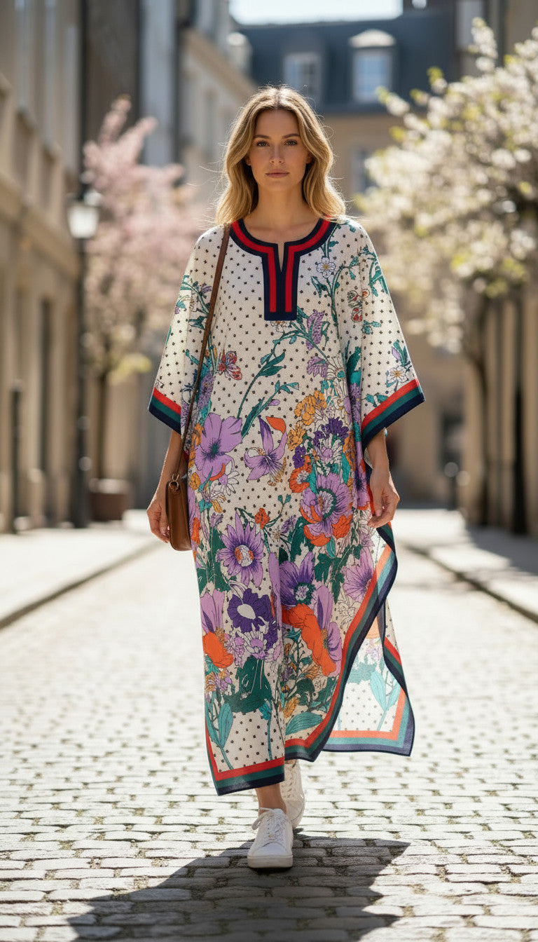 Long Abstract Print Pastel Kaftan