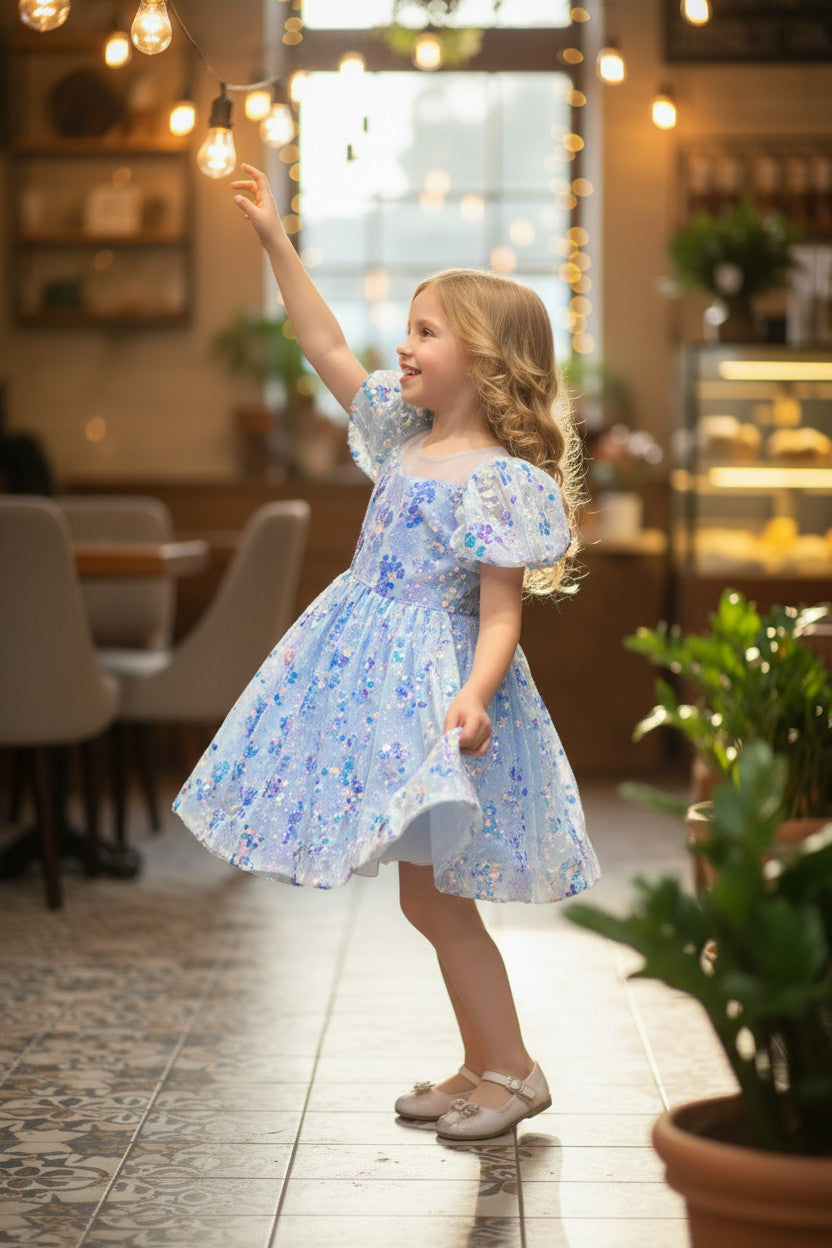 Diamond Sequin Mermaid Puffy Dress -Rainbow Blue