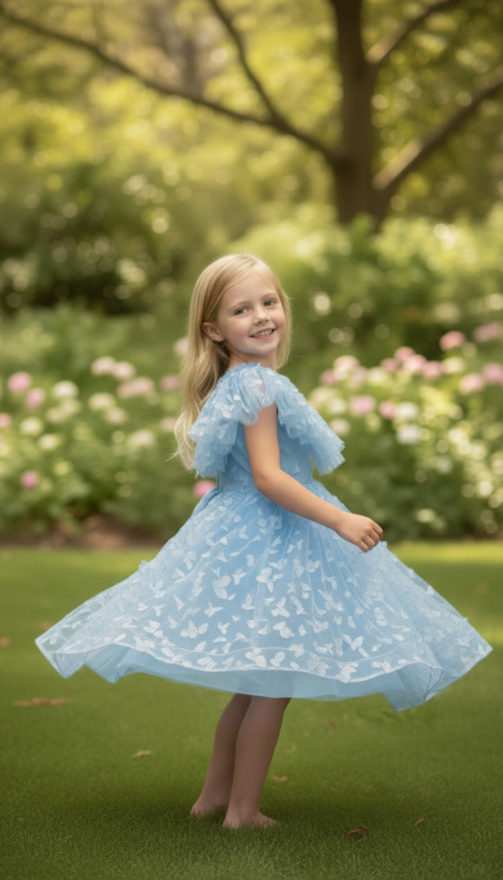 SKY 3D butterfly Glitter puffy Dress (Dusty Blue)