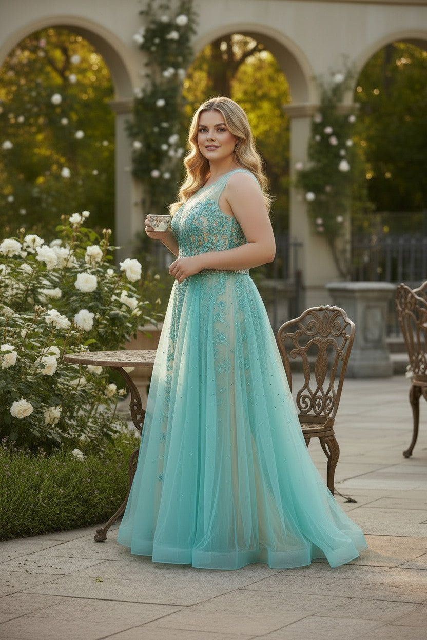 Plus size Beaded Gown with Side Trail