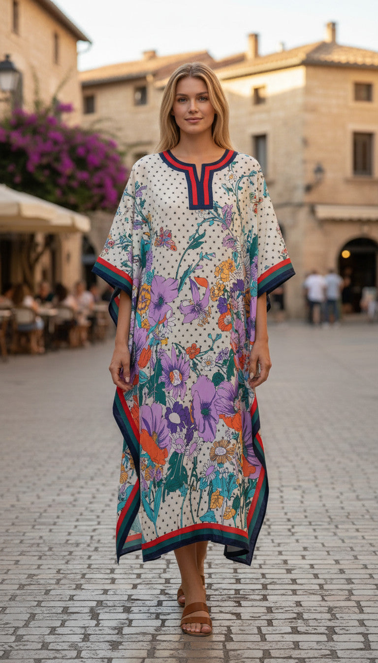Long Abstract Print Pastel Kaftan