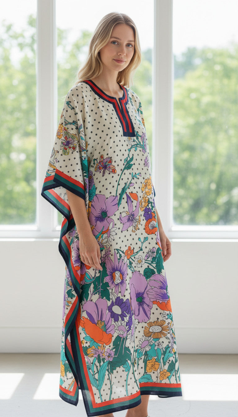 Long Abstract Print Pastel Kaftan