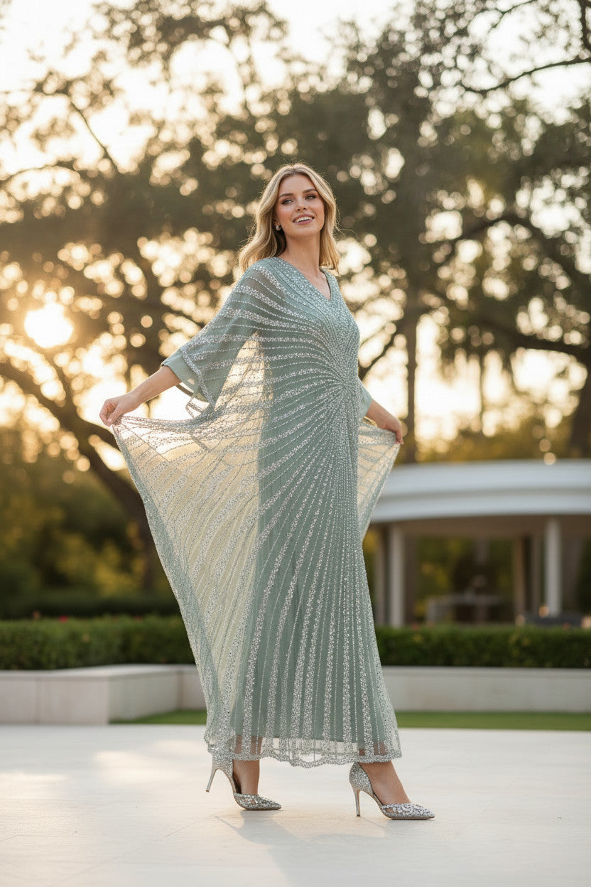 Pistachio V neck Embellished Kaftan Dress