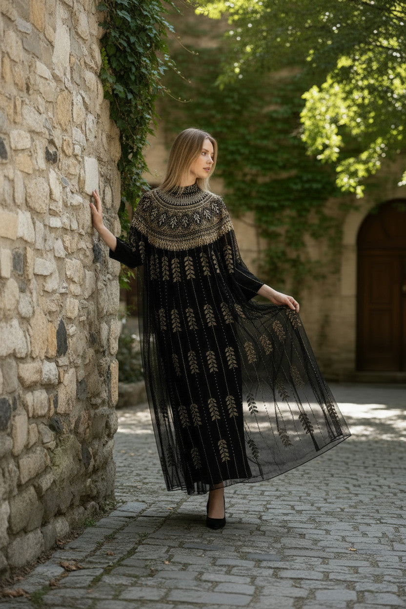 Black Gold Embellished Kaftan Dress