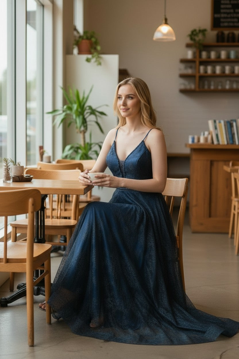 BLUE Lace Strappy Ballgown