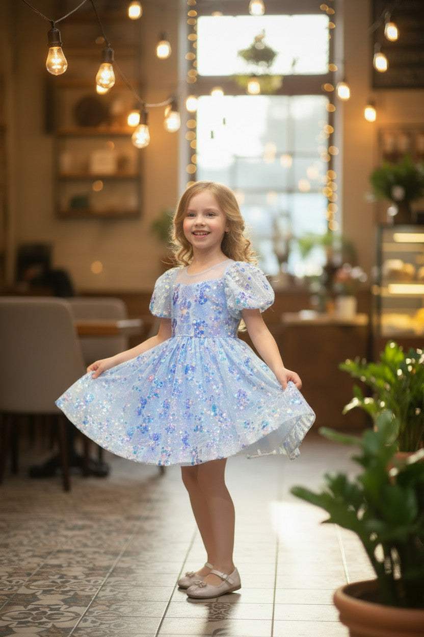 Diamond Sequin Mermaid Puffy Dress -Rainbow Blue