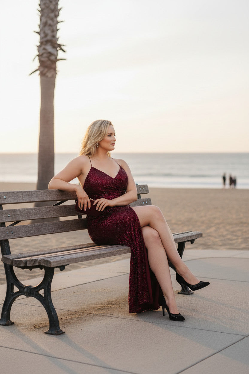 RENEE Strappy Wine Color Sequin Dress