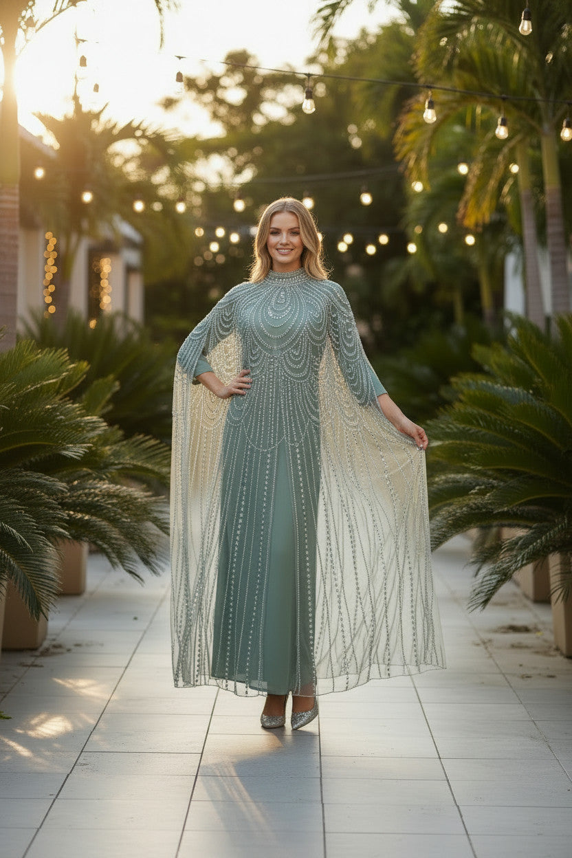 Pistachio Silver Embellished Kaftan Dress