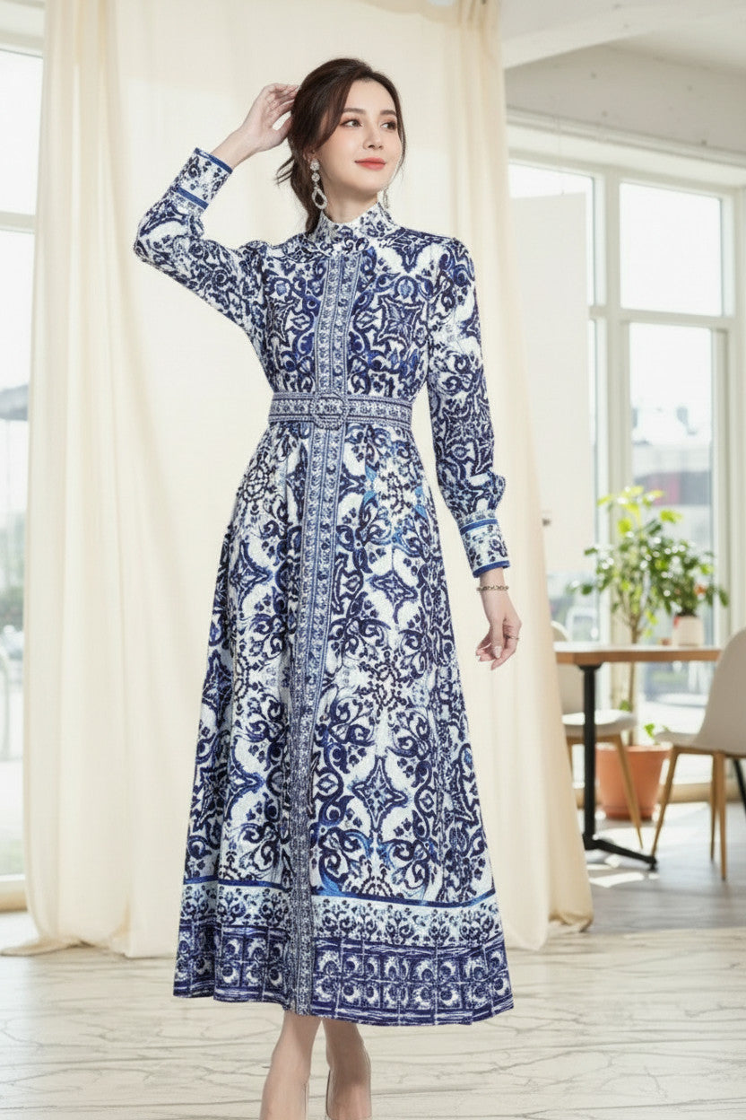 PORCELAIN White & Blue Printed Dress