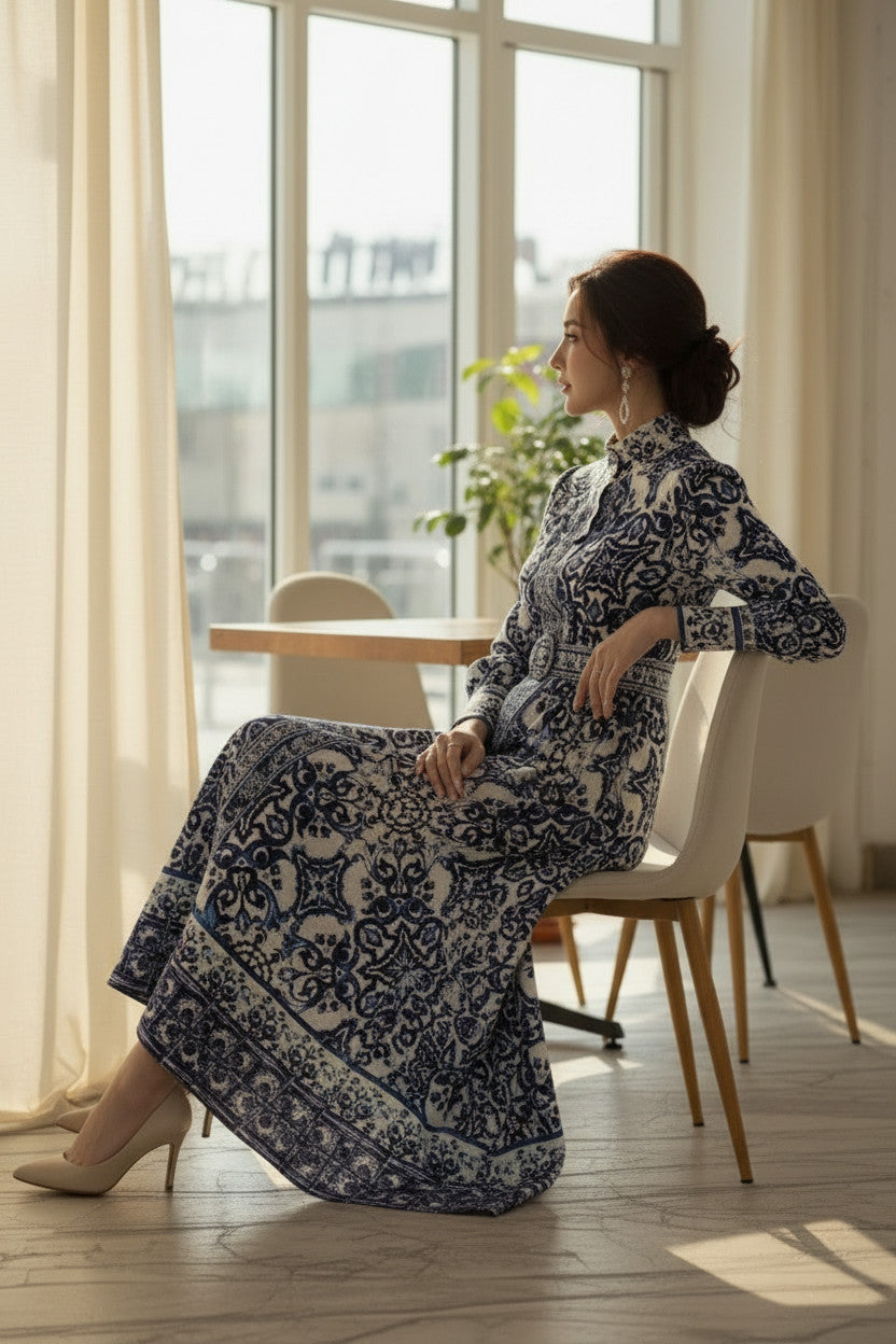 PORCELAIN White & Blue Printed Dress