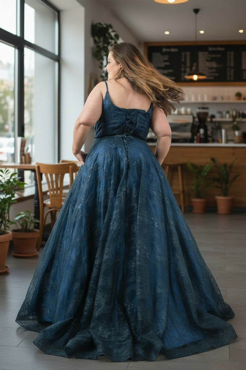 BLUE Lace Strappy Ballgown