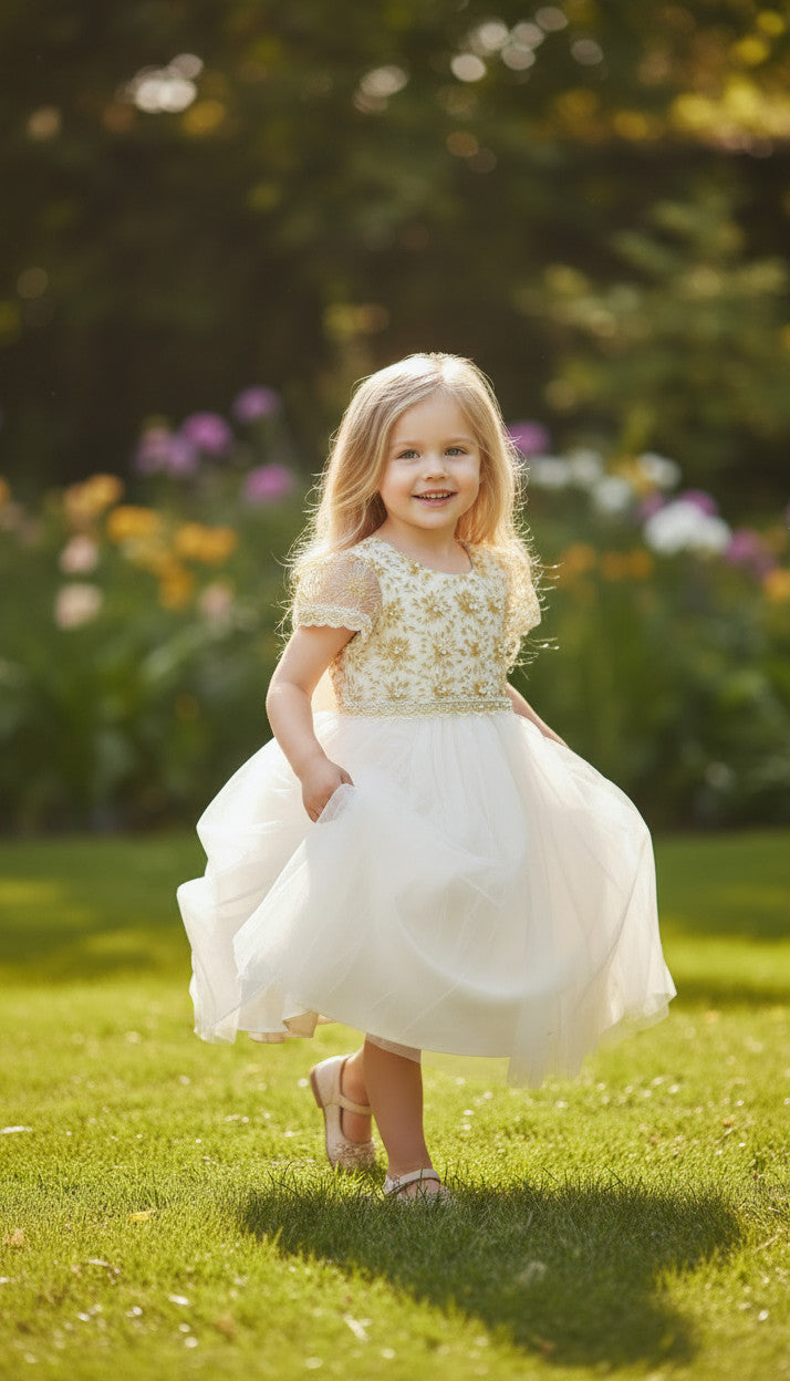 Lily Puff Sleeve Flower Girls White/Gold Dress
