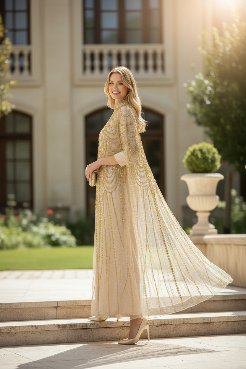 Sheer champagne‑gold overlay Kaftan Gown