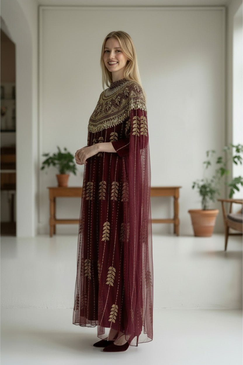 Wine Red Embellished Kaftan Dress