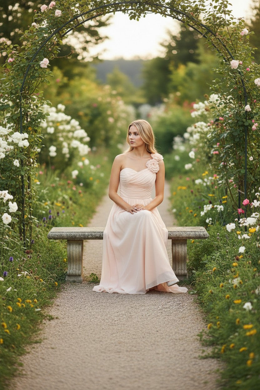 One Shoulder Beige Gown