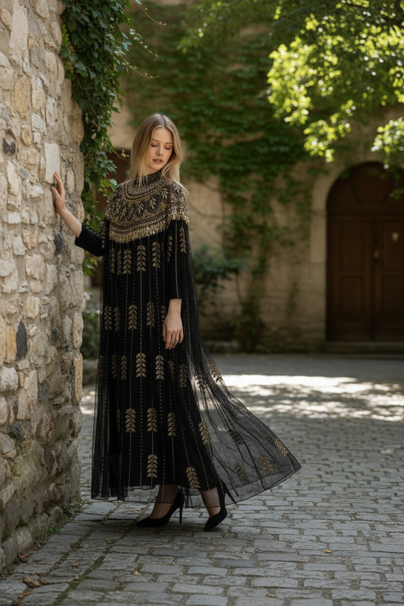 Black Gold Embellished Kaftan Dress