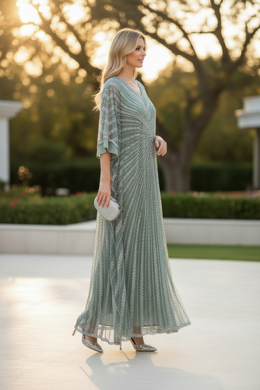 Pistachio V neck Embellished Kaftan Dress