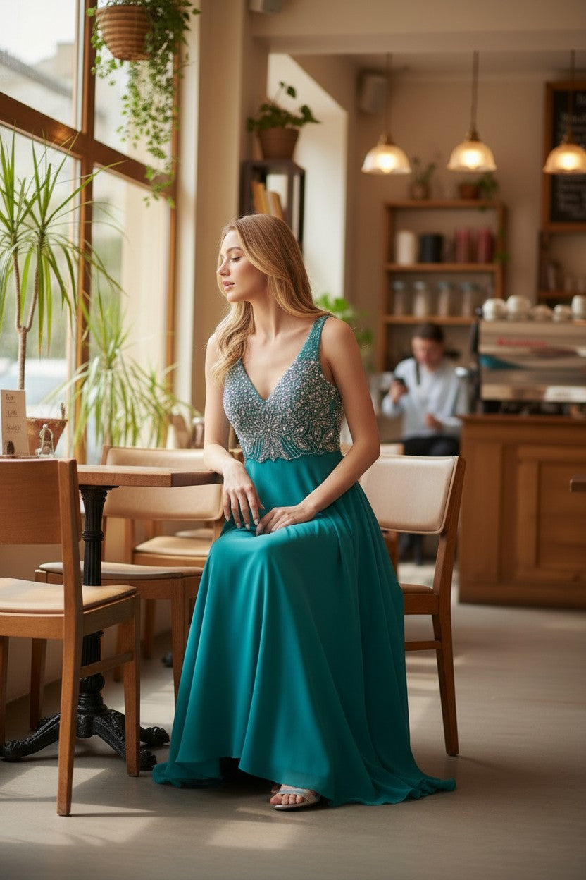 AVON Teal Beaded Top Gown DRESS