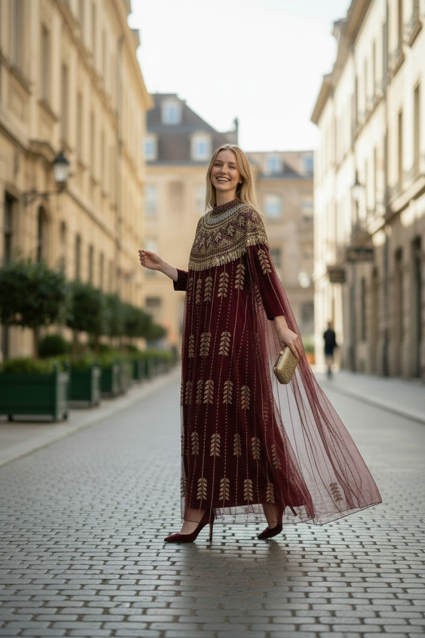 Wine Red Embellished Kaftan Dress