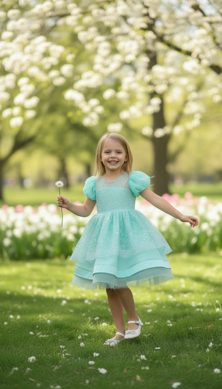 Alamanda Gliterred puffy Dress- Mint