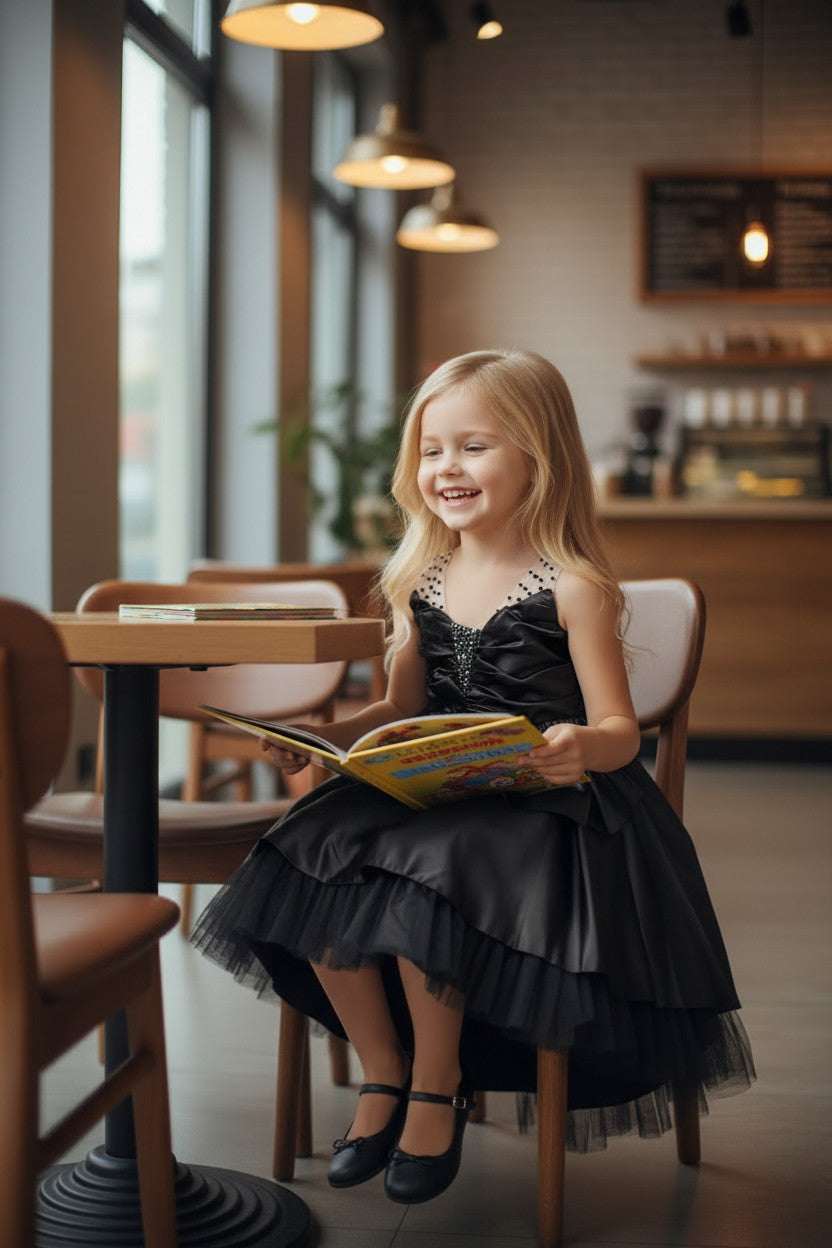 Nylah Satin Tiered Dress- Black