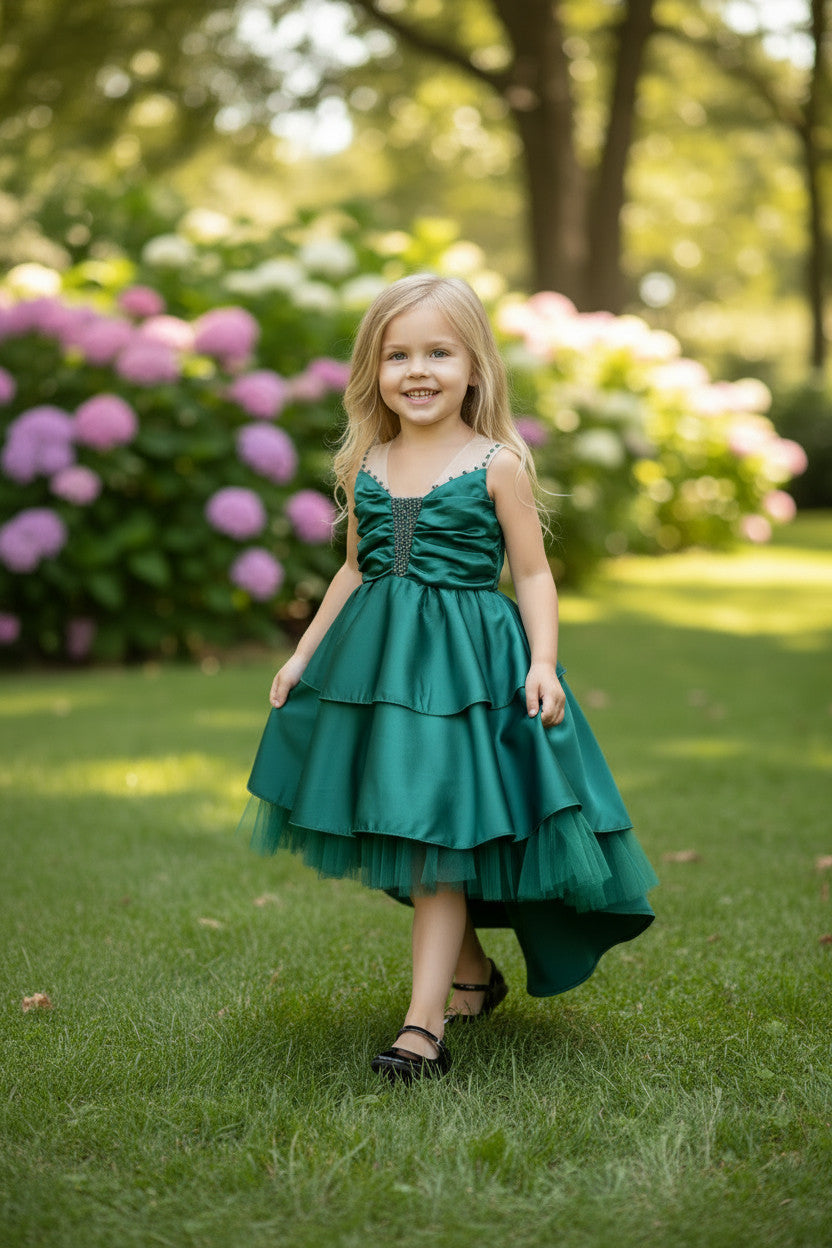 Samiyah Satin Tiered Dress- Emerald
