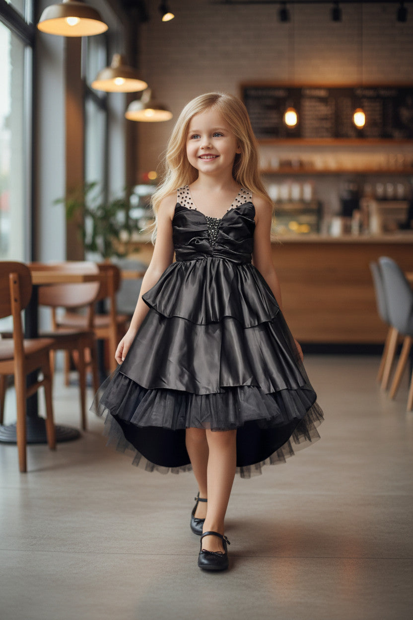 Nylah Satin Tiered Dress- Black