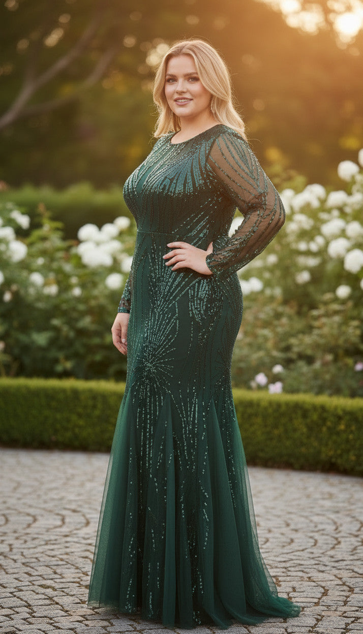 VERONICA Emerald Illusion Sequin Gown