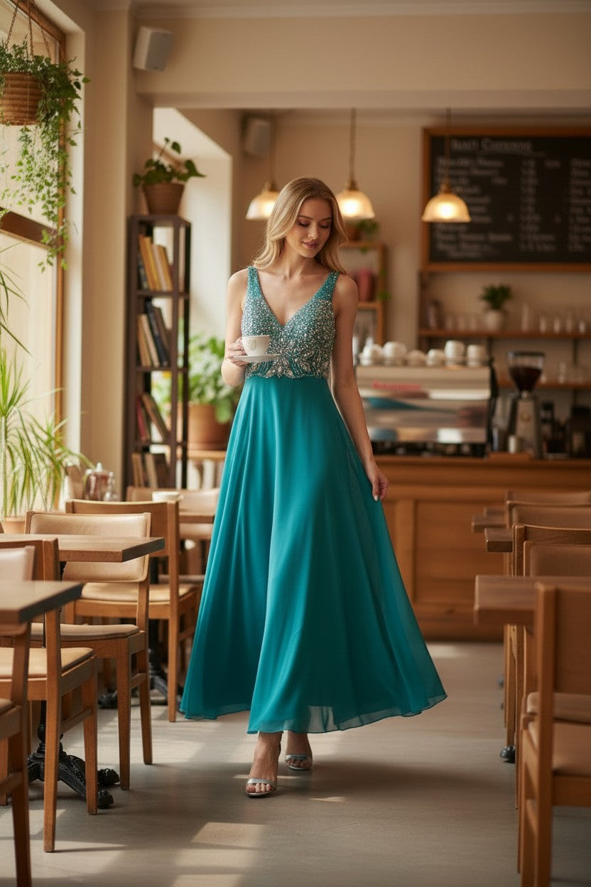 AVON Teal Beaded Top Gown DRESS