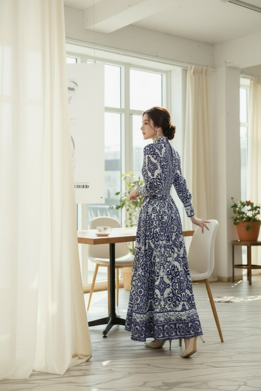 PORCELAIN White & Blue Printed Dress
