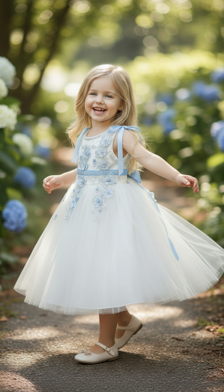 Brenda Blue White Flower Girls White Dress