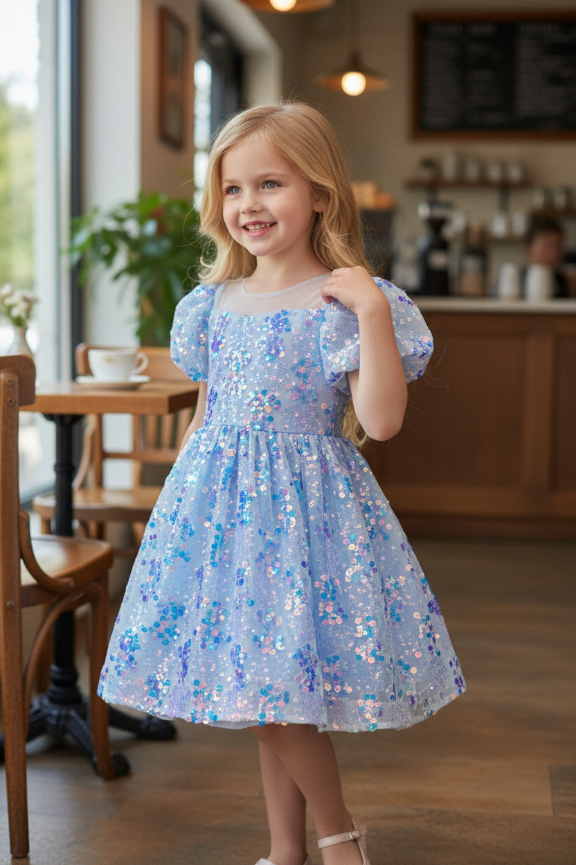 Diamond Sequin Mermaid Puffy Dress -Rainbow Blue