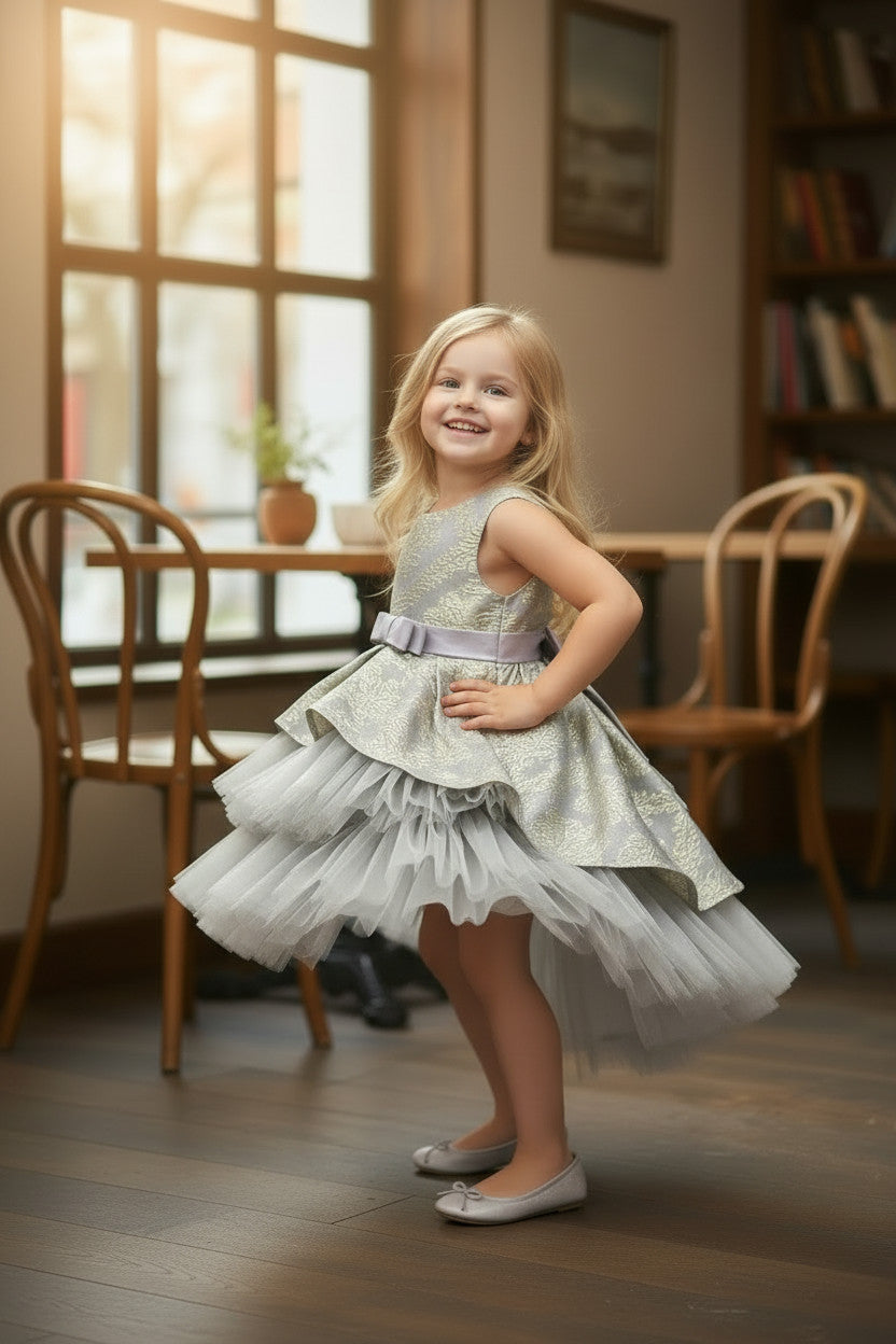 SKye Jacquard Tulle high low Dress -Grey Gold
