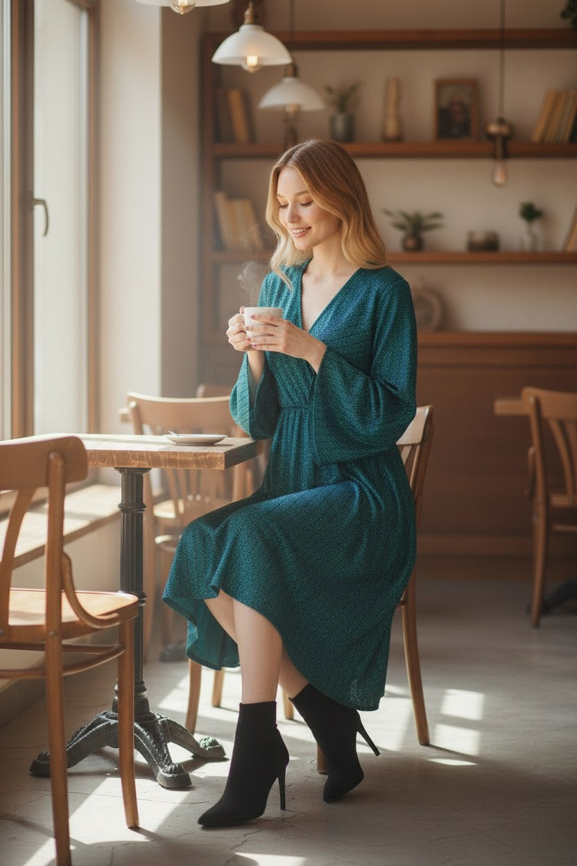 SANDRA Emerald plus size Bell Sleeve Dress