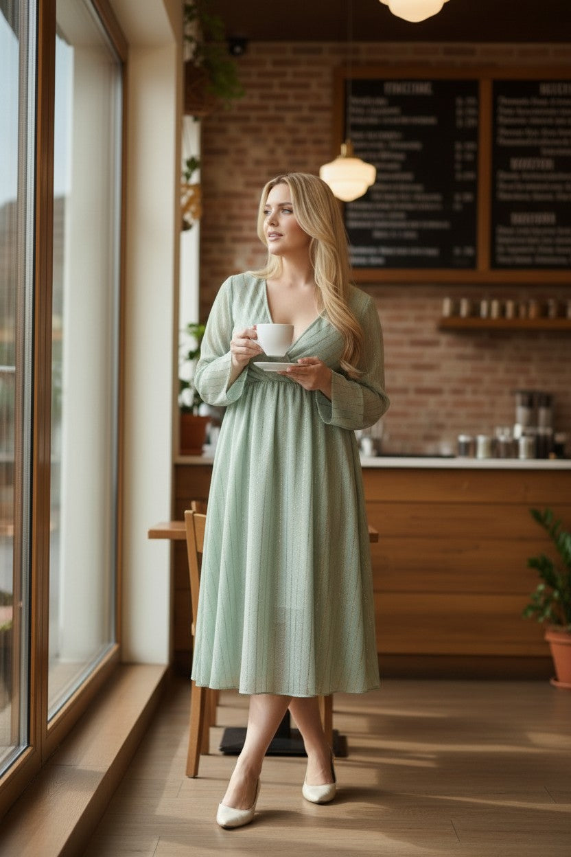 SANDRA Champaigne plus size Bell Sleeve Dress