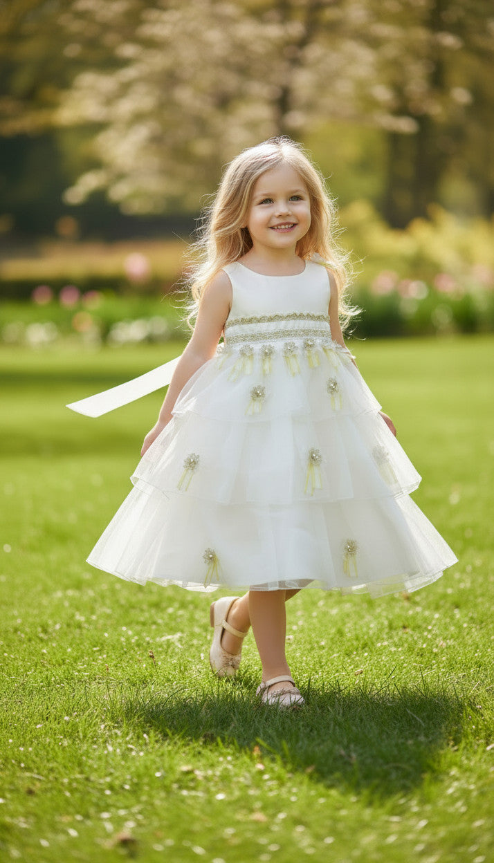 Jana White & Gold Applique Tulle Dress