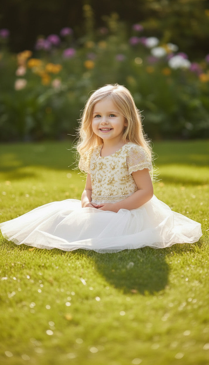 Lily Puff Sleeve Flower Girls White/Gold Dress