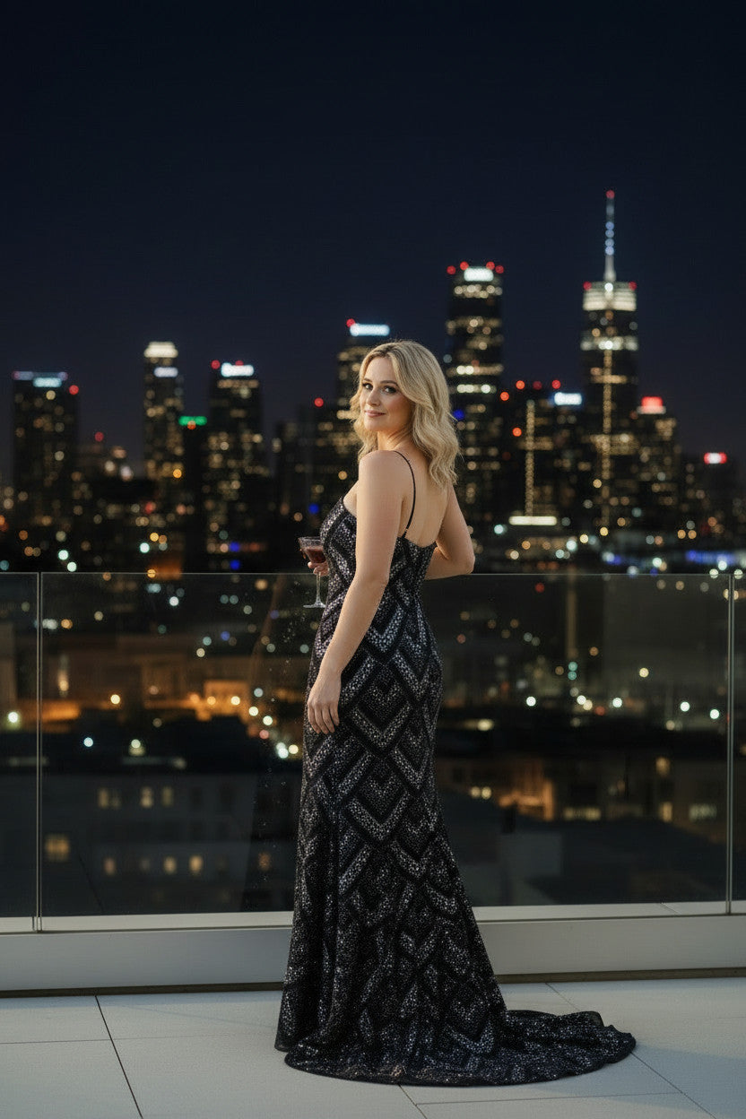 LISA Navy Full Beaded & Sequin Gown