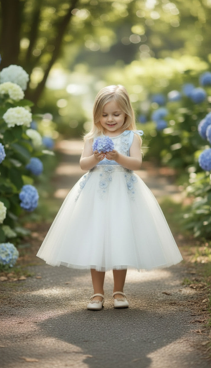 Brenda Blue White Flower Girls White Dress
