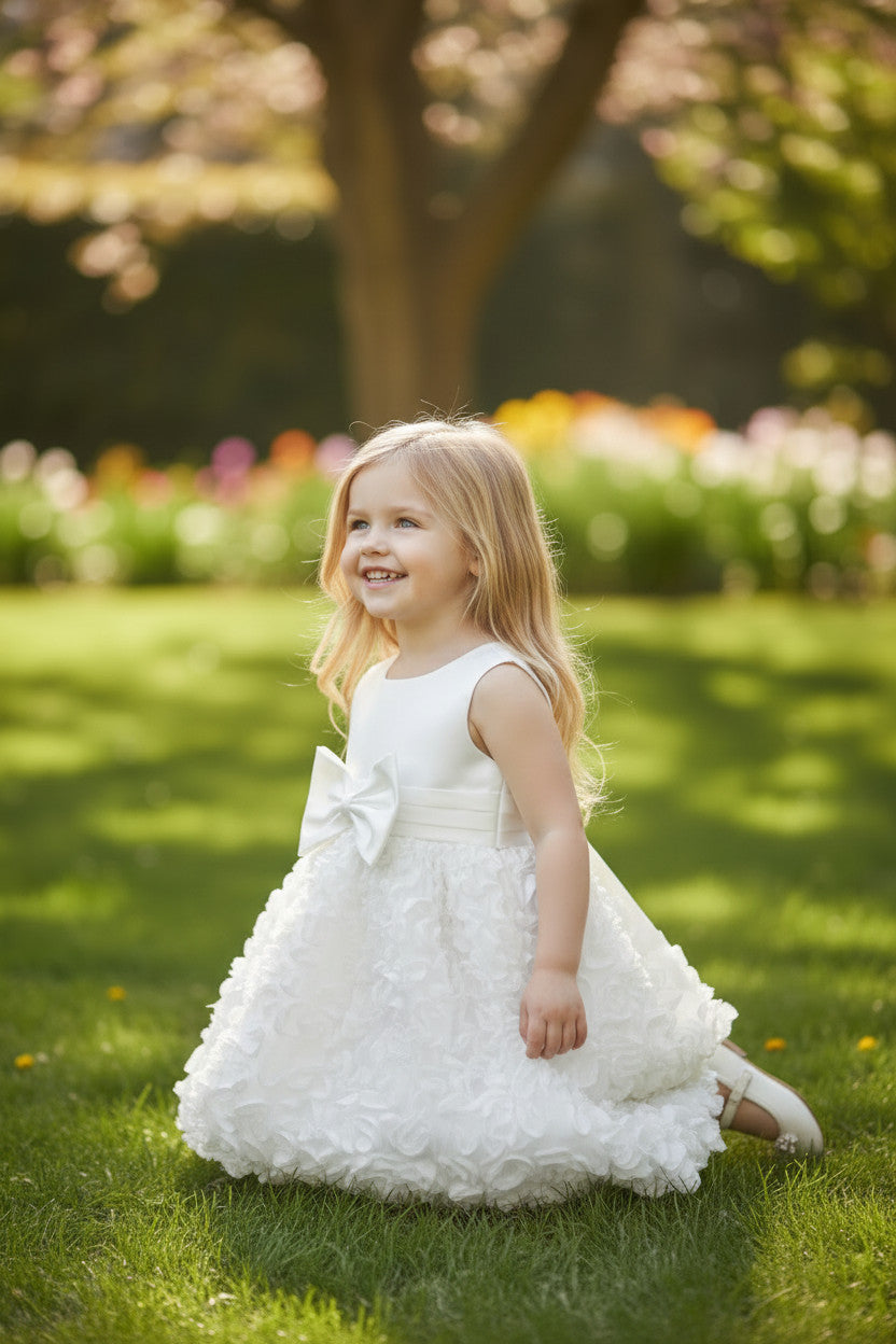 Everley White Bow Satin Textured Baby Dress