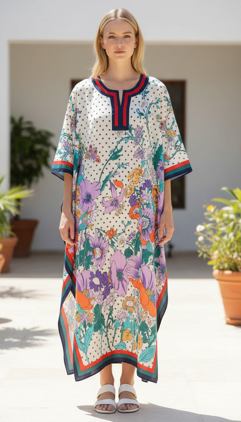 Long Abstract Print Pastel Kaftan