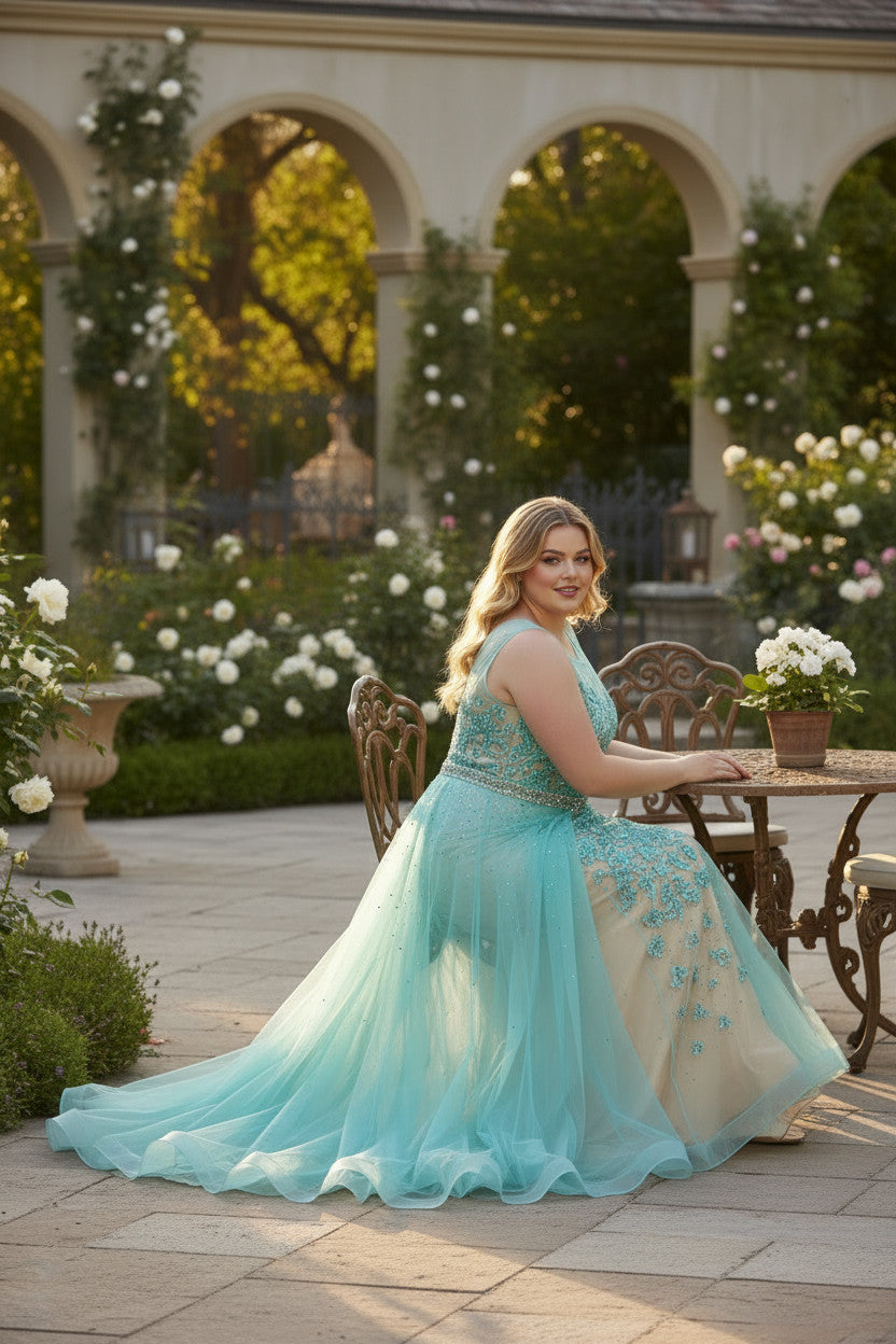Plus size Beaded Gown with Side Trail