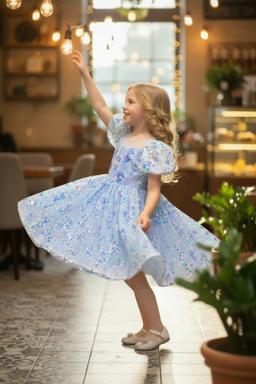 Diamond Sequin Mermaid Puffy Dress -Rainbow Blue