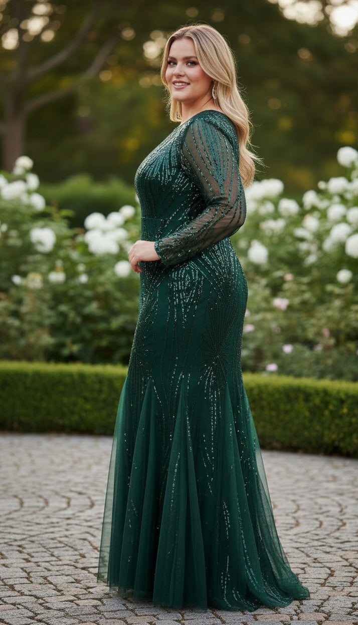 VERONICA Emerald Illusion Sequin Gown