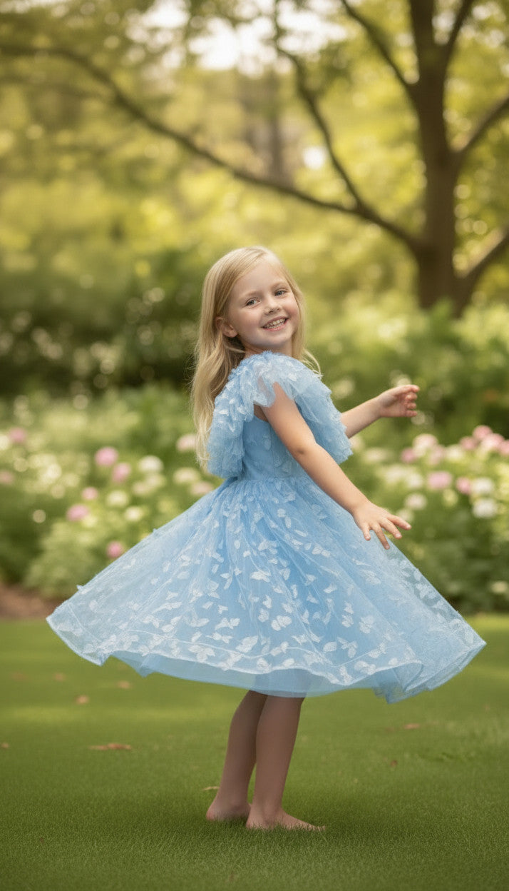 SKY 3D butterfly Glitter puffy Dress (Dusty Blue)