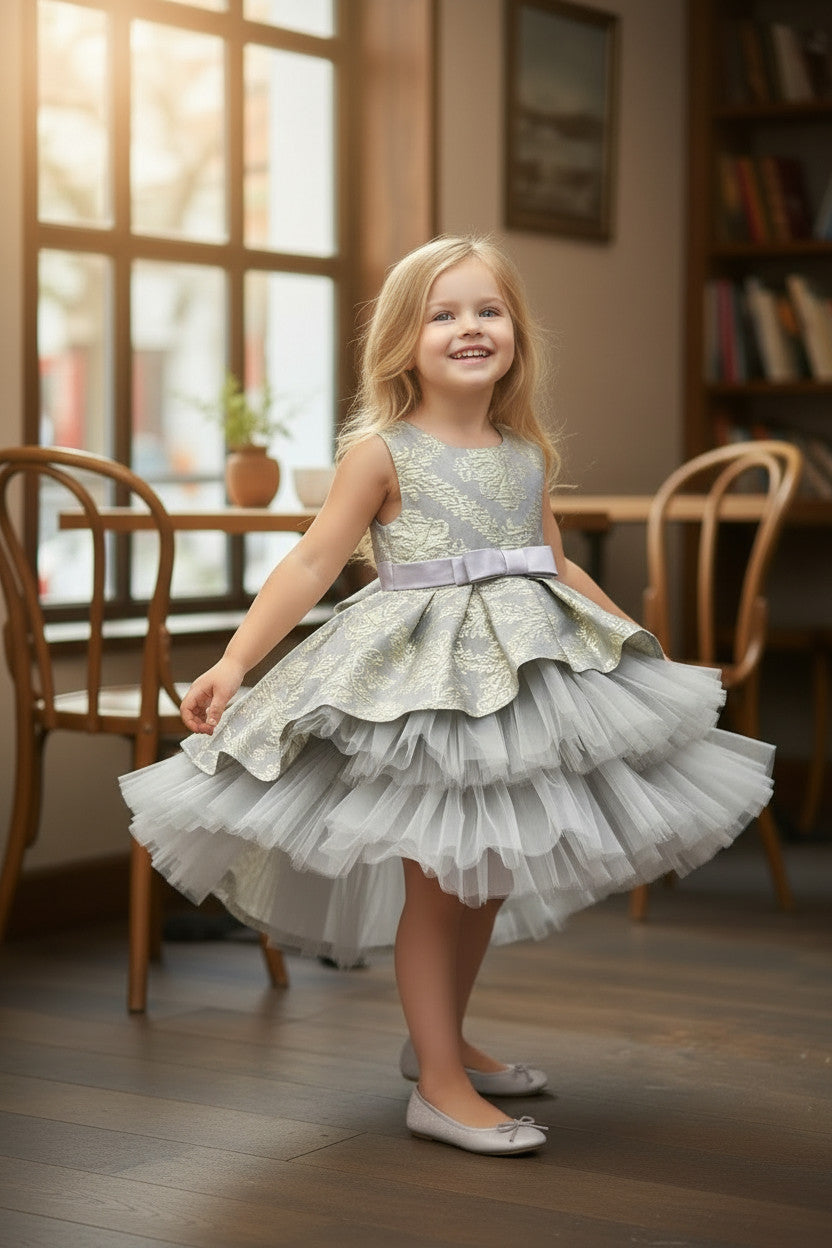 SKye Jacquard Tulle high low Dress -Grey Gold
