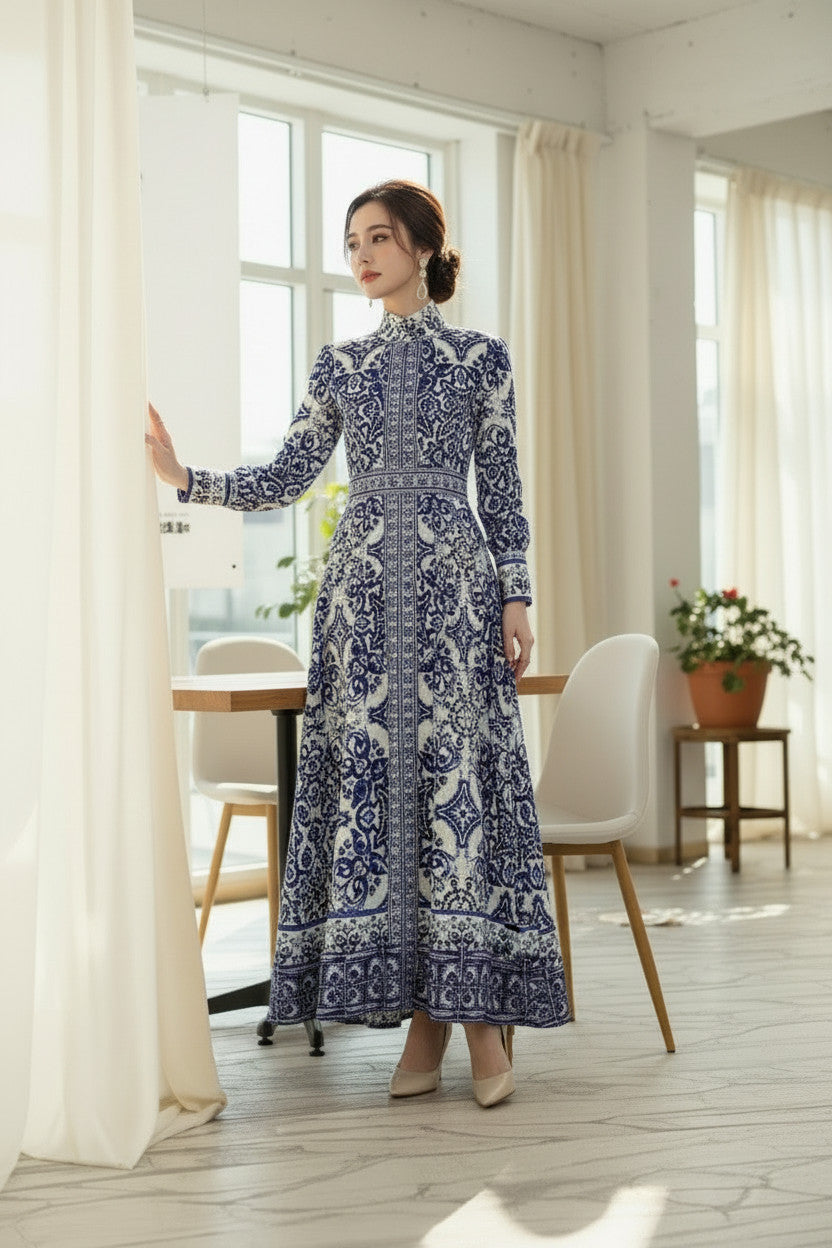PORCELAIN White & Blue Printed Dress