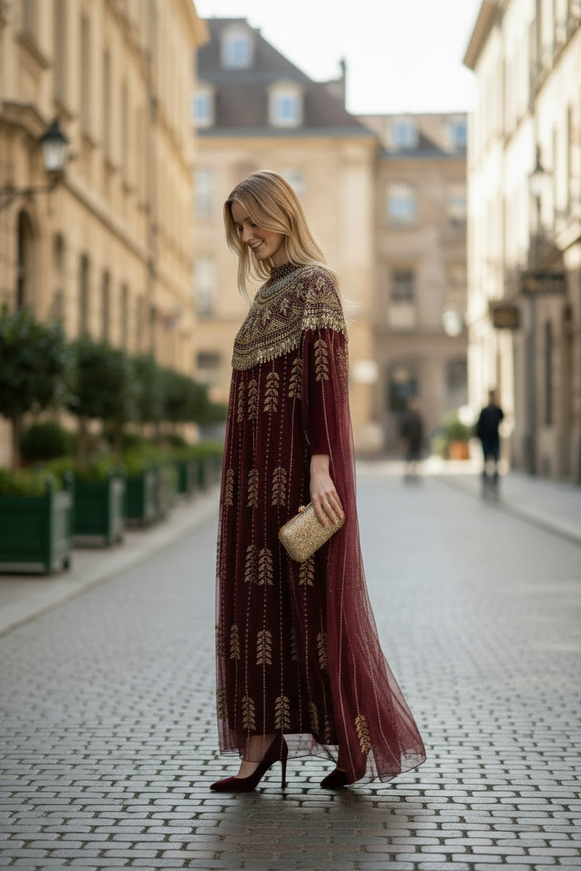 Wine Red Embellished Kaftan Dress