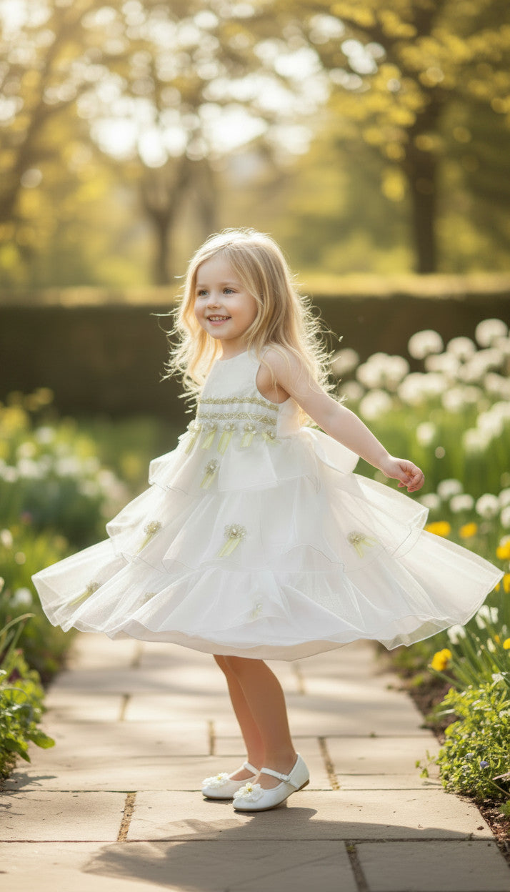 Jana White & Gold Applique Tulle Dress